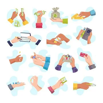 Set elements, hands holding money, vector illustration. Person charcater use Stock Illustration