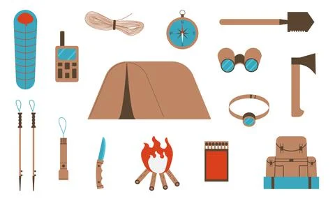 Set of elements for hiking and camping. Travel and adventure. Flat style. Vector 스톡 일러스트