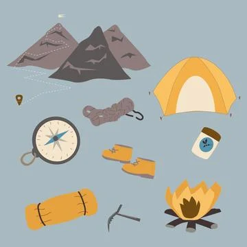 A set of elements for hiking in the mountains Illustrazione stock