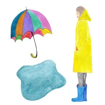 Set of elements for illustrate rainy weather by watercolor Stock Illustration