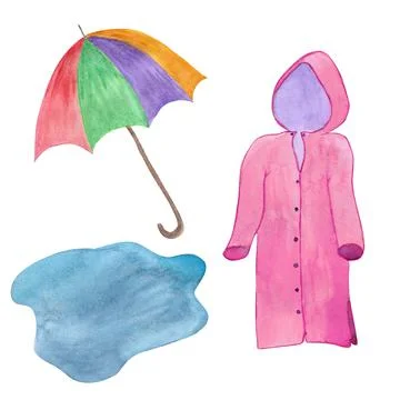 Set of elements for illustrate rainy weather by watercolor Stock Illustration