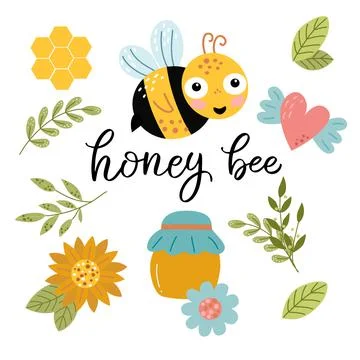 Set of elements - leaves, honey, bee, sunflower Stock Illustration