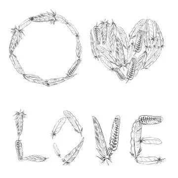 A set of elements made of bird feathers. Feather wreath. Love inscription. Stock Illustration
