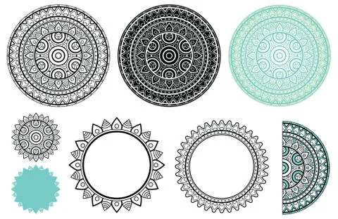 Set elements from mandala. Vector mandala collection in black and turquoise Stock Illustration