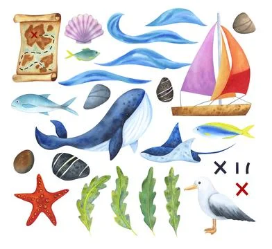 A set of elements on the marine theme - animals, plants, stones, boat, waves Stock Illustration