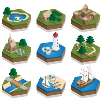 A set of elements of a medieval landscape. Stock Illustration