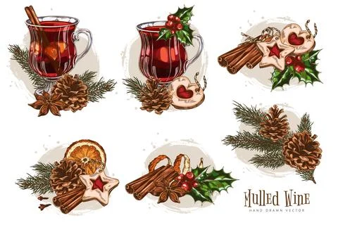 Set of elements with mulled wine glasses, spices, fruits, cookies, pine branches Stockillustratie