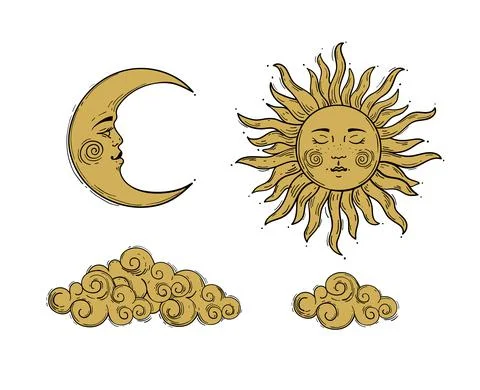 Set of elements for mystical design in boho style. Golden sun and a crescent  Illustrazione stock