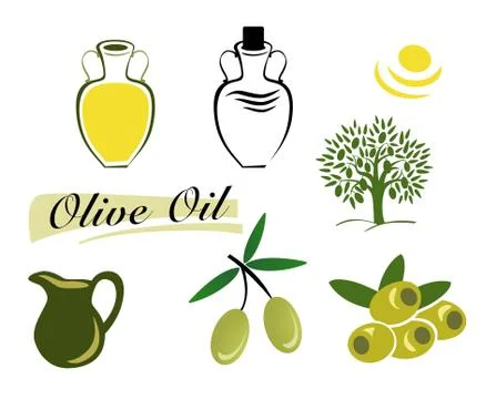 Set of elements of olive oil. Branch with green olives Stock Illustration
