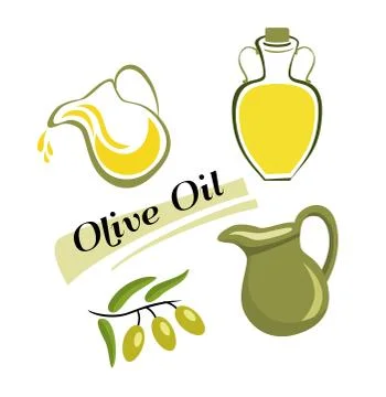 Set of elements of olive oil. Branch with green olives Stock Illustration