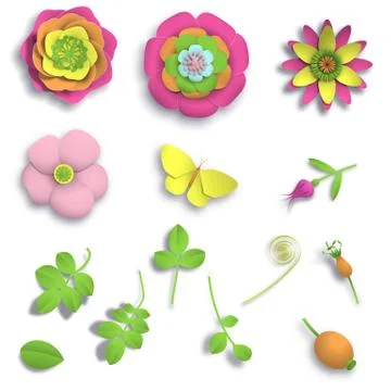 Set elements Paper craft 3D wild rose flowers, rosehip berries and butterfly Ilustración de archivo