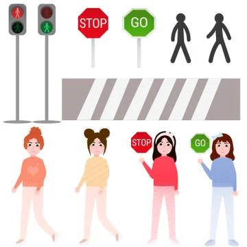 Set of elements for pedestrian rules for kids, little girls crossing road, tr Illustrazione stock