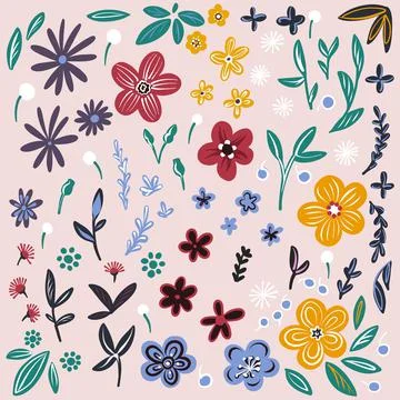 A set of elements of plants and flowers. Hand-drawn Artistic Naive Flowers are Illustrazione stock