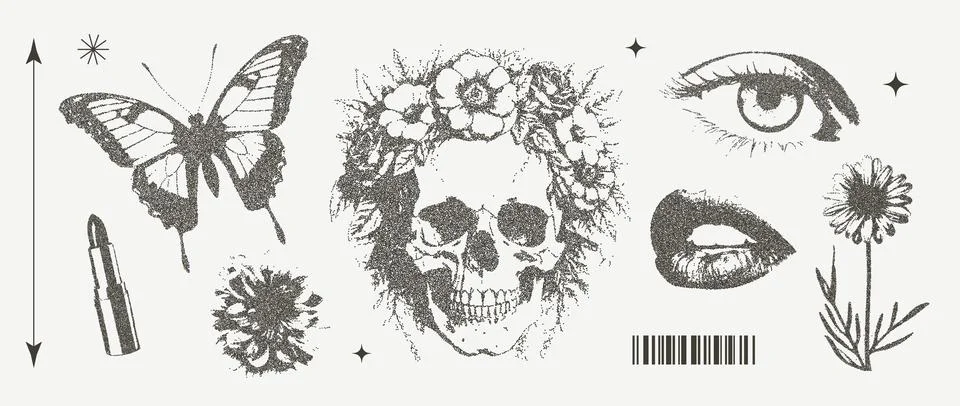 Set of elements with retro photocopy effect Y2K. Skull with a flower wreath.. イラスト素材