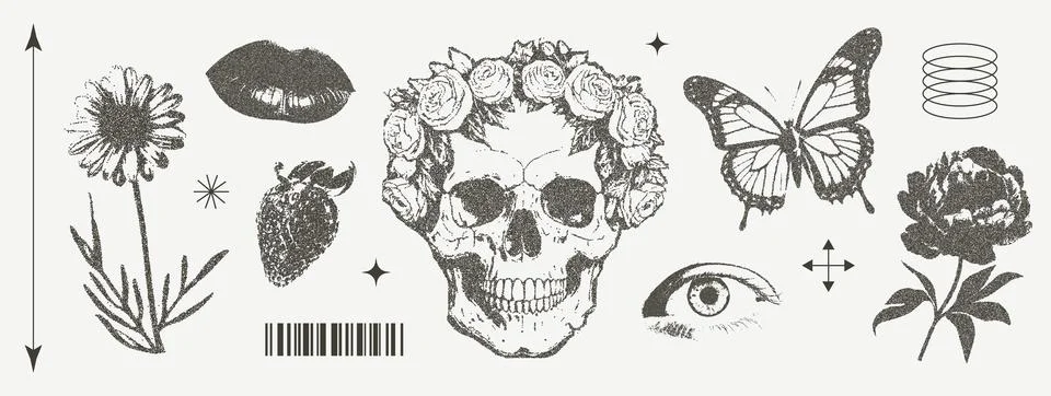Set of elements with retro photocopy effect Y2K. Skull with a flower wreath,  스톡 일러스트