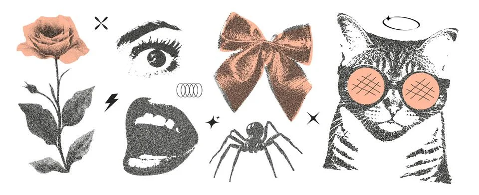 Set of elements with retro photocopy effect Y2K. Rose, eye, mouth, bow, spide Stock Illustration