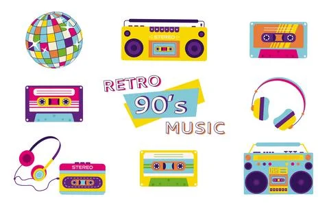 A set of elements in the retro style of the 90s. Disco ball, player with head イラスト素材