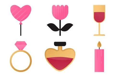 Set of elements with romantic symbols - balloon, glass of wine, elixir, can.. Stock Illustration