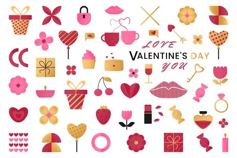 Set of elements with romantic symbols - figures of hearts, sweets, gifts, c.. Stock Illustration