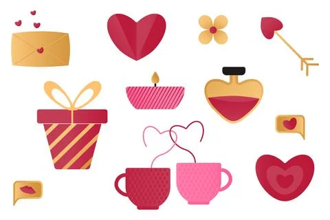 Set of elements with romantic symbols: gift, candle, hearts, love elixir, c.. Illustrazione stock