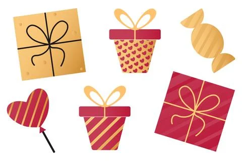 Set of elements with romantic symbols: gifts, ball, candy. Stock Illustration