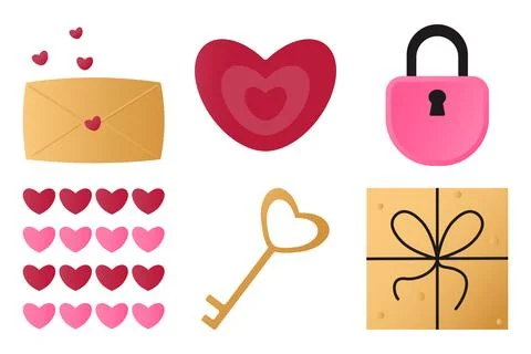 Set of elements with romantic symbols: gifts, hearts, an envelope, a lock a.. Stock Illustration