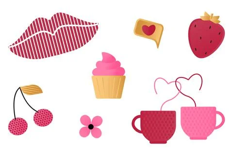 Set of elements with romantic symbols - lips, cupcake, flower, cherry, stra.. Illustrazione stock
