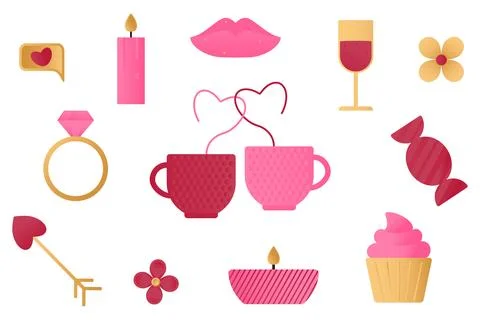 Set of elements with romantic symbols - lips, cupcake, flower, ring, candle.. Illustrazione stock