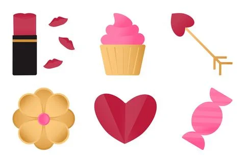 Set of elements with romantic symbols - lipstick with kisses, cupcake, flow.. Stock Illustration