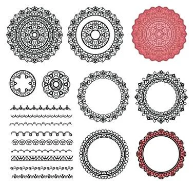 Set elements from round mandala. Frames, brushes, label. Zen mandala Stock Illustration