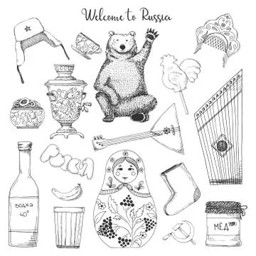 Set of elements of Russian culture. Welcome to Russia. Vector illustration Stock Illustration