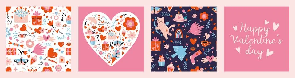 Set of elements for Saint Valentine's decoration, including seamless patter.. Illustrazione stock