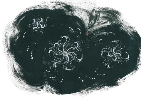 Set of elements of silvery spiral oriental ornament on a fluffy black cloud Stock Illustration