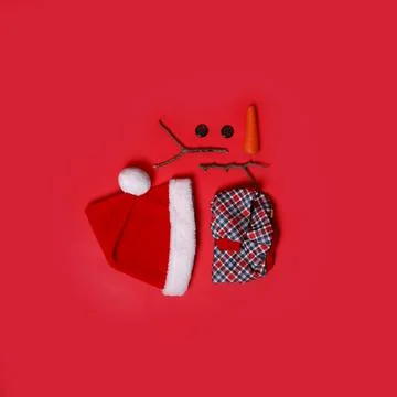 Set of elements for snowman on red background, flat lay Stock Photos