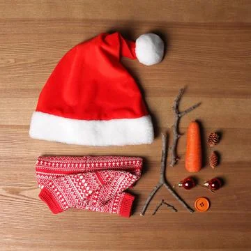 Set of elements for snowman on wooden background, flat lay Stock Photos