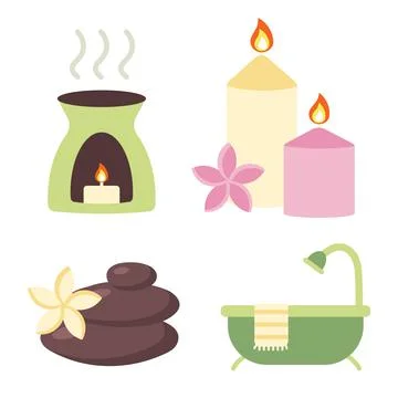 Set of elements for spa and relaxation. Oil burner, aroma candles, zen stones Stock Illustration