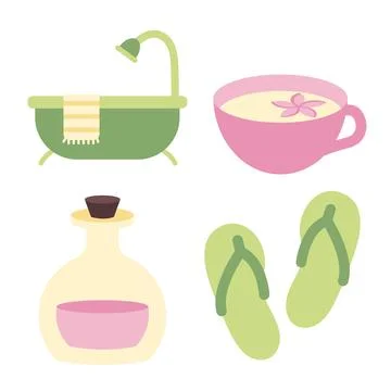 Set of elements for spa and relaxation. Herbal tea, flip flops, bottle with Stock Illustration
