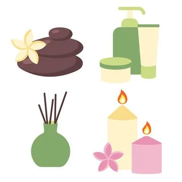 Set of elements for spa and relaxation. Zen stones, cosmetic creams, essential o Stock Illustration