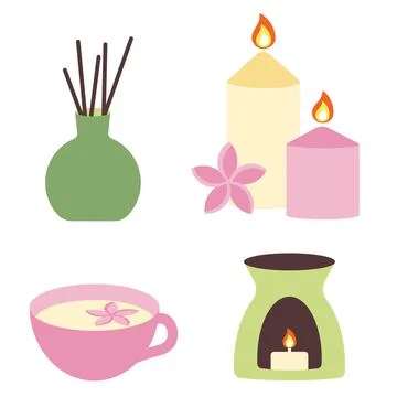 Set of elements for spa and relaxation. Oil burner, cup with herbal tea, essenti Stock Illustration