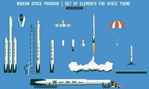 Set of elements for space subject. modern space program. rocket, launch vehic 스톡 일러스트