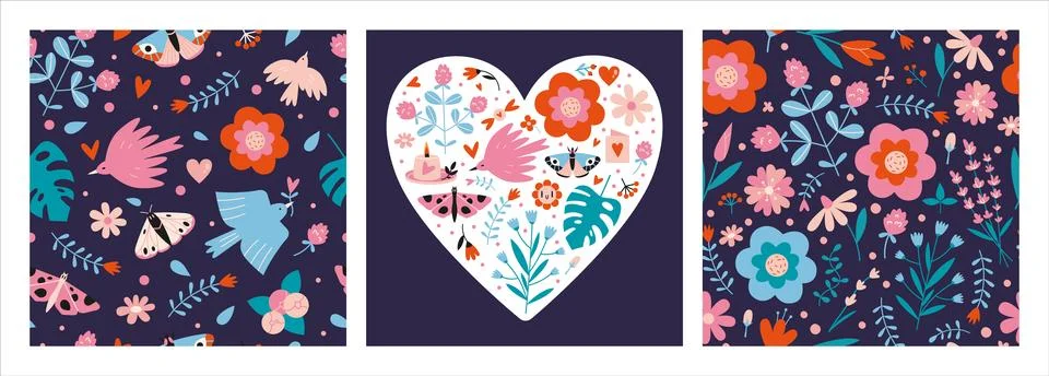 Set of elements in a spring, floral theme, including seamless patterns and .. Stock Illustration