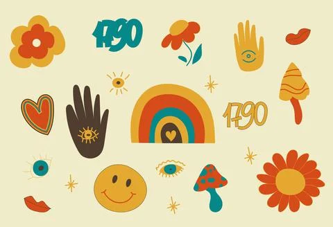 Set of elements in the style of 1970 good vibes. Psychedelic mushrooms, amulet 스톡 일러스트
