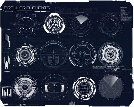 Set of elements in the style of HUD. dashboard, radar, panels, Ilustración de archivo