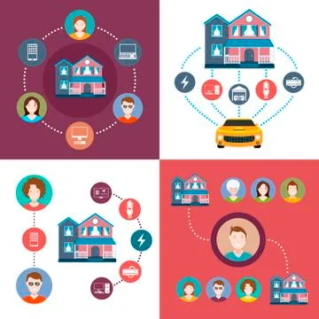 Set of elements system interaction smart home Stock Illustration