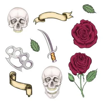 Set of elements for tattoos or stickers, prints in the old school style Stock Illustration