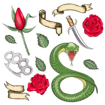 Set of elements for tattoos or stickers, prints in the old school style Stock Illustration