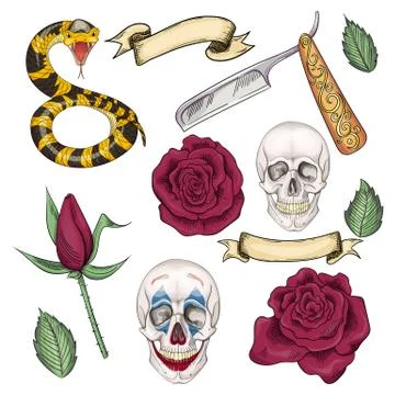 Set of elements for tattoos or stickers, prints in the old school style イラスト素材