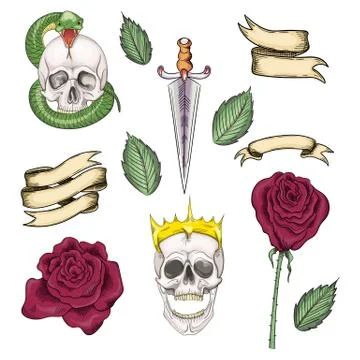 Set of elements for tattoos or stickers, prints in the old school style 스톡 일러스트