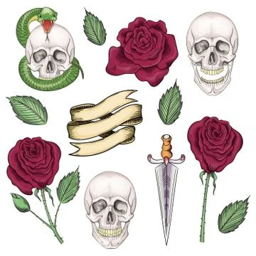 Set of elements for tattoos or stickers, prints in the old school style Stock Illustration