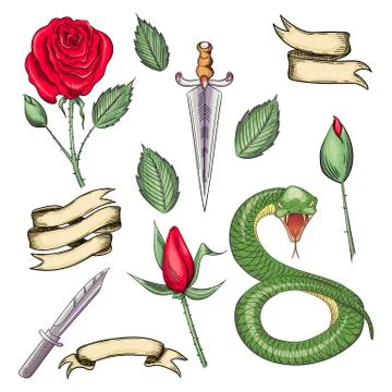 Set of elements for tattoos or stickers, prints in the old school style Stock Illustration